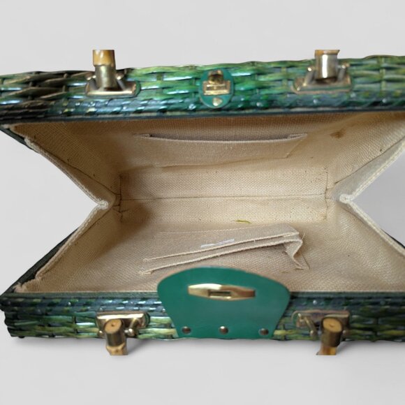 Vintage‎ Green Wicker Rattan Satchel Briefcase Purse Bamboo Handle  14"X10" MCM - Picture 5 of 16